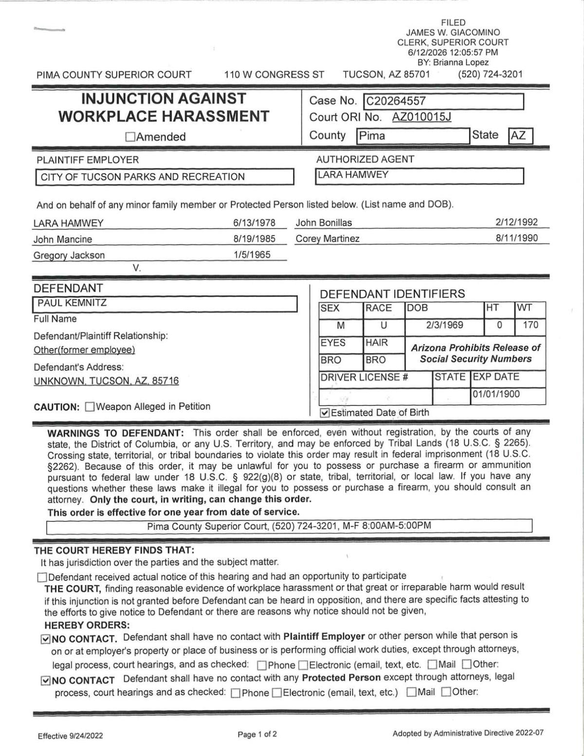 Injunction against former city of Tucson parks employee