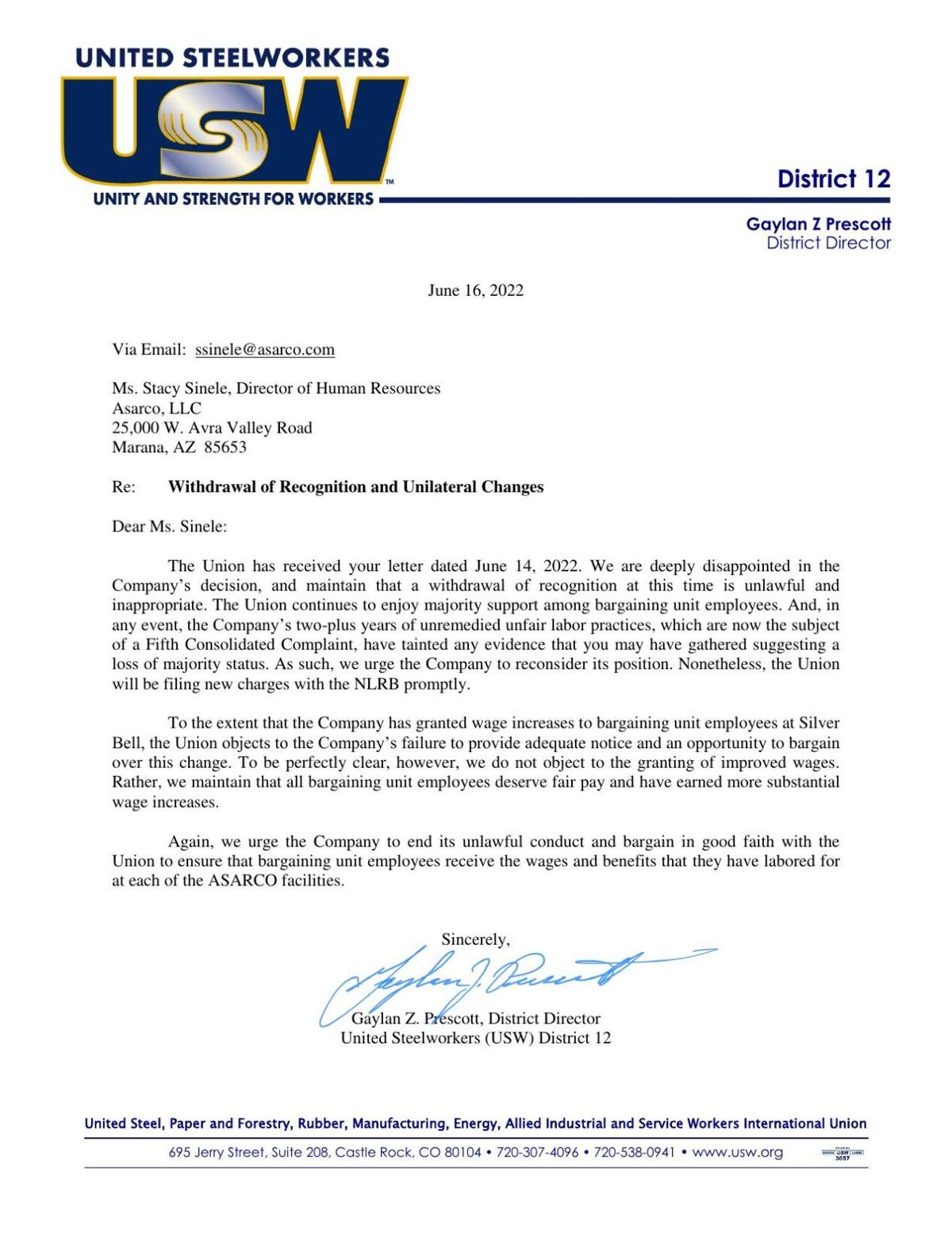 USW letter to Asarco