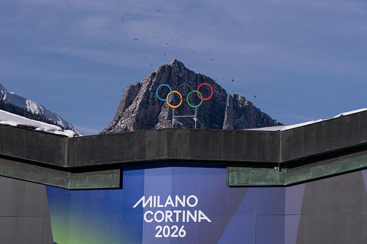 CORTINA D'AMPEZZO, ITALY- JANUARY 26: The Olympic Rings are set in front of surrounding mountains at Cortina Curling Olympic Stadium on January 26, 2026 in Cortina d'Ampezzo, Italy.