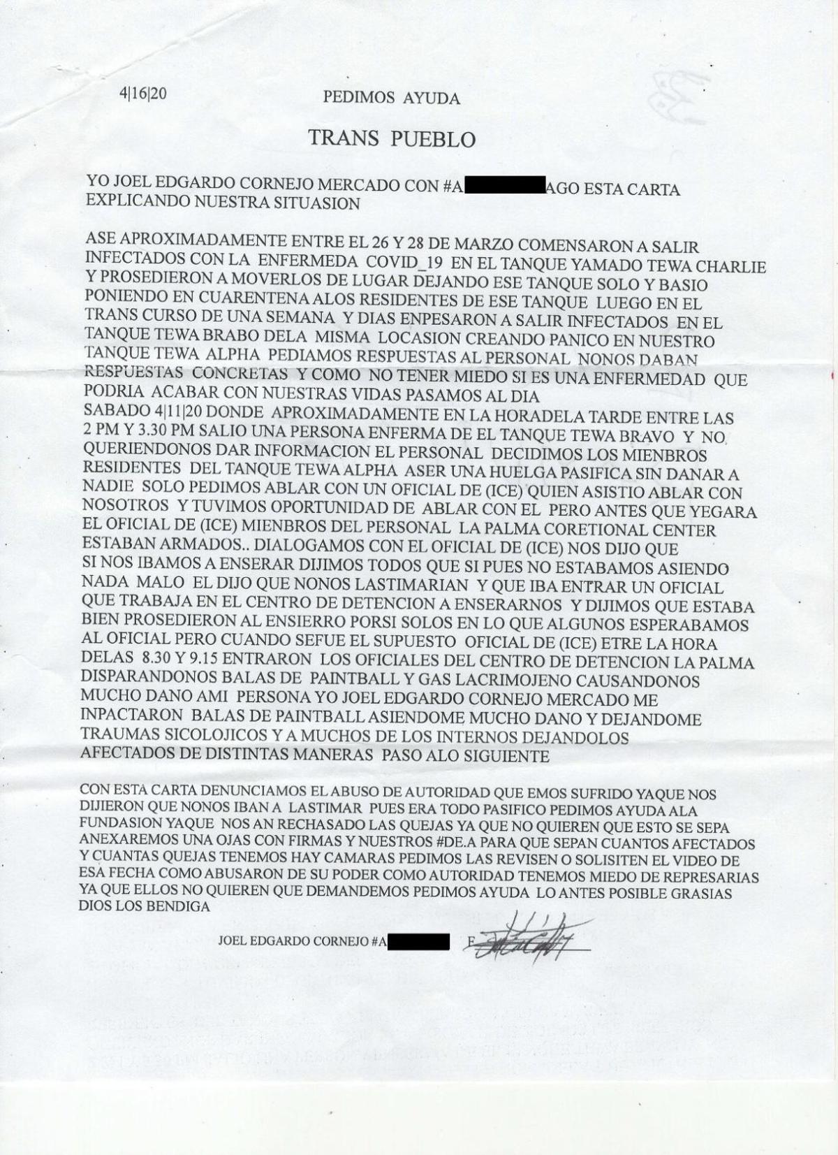 April 16 letter from La Palma