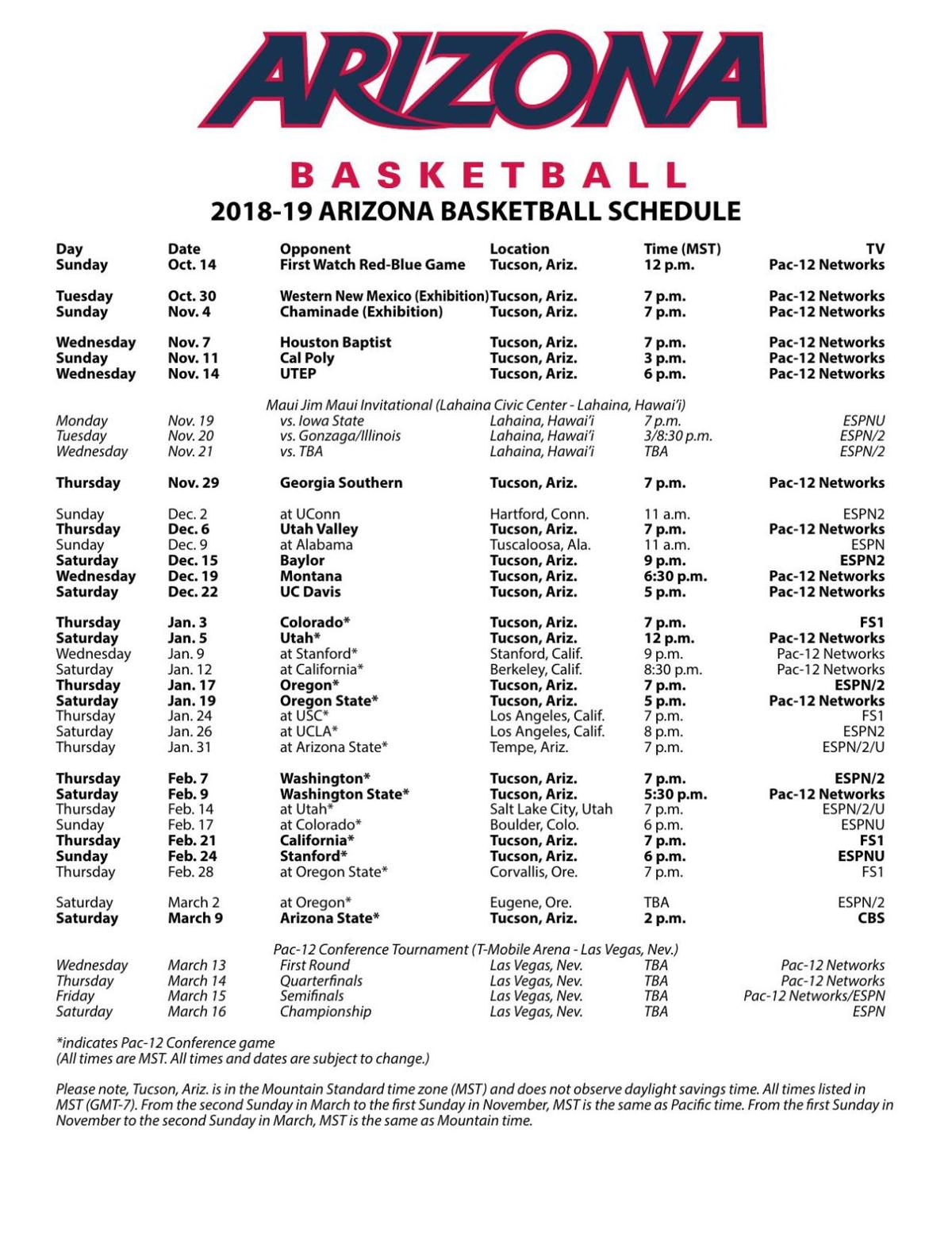 Arizona's 2018-19 schedule PDF