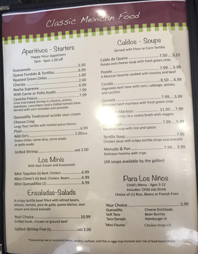 San Carlos Grill menu