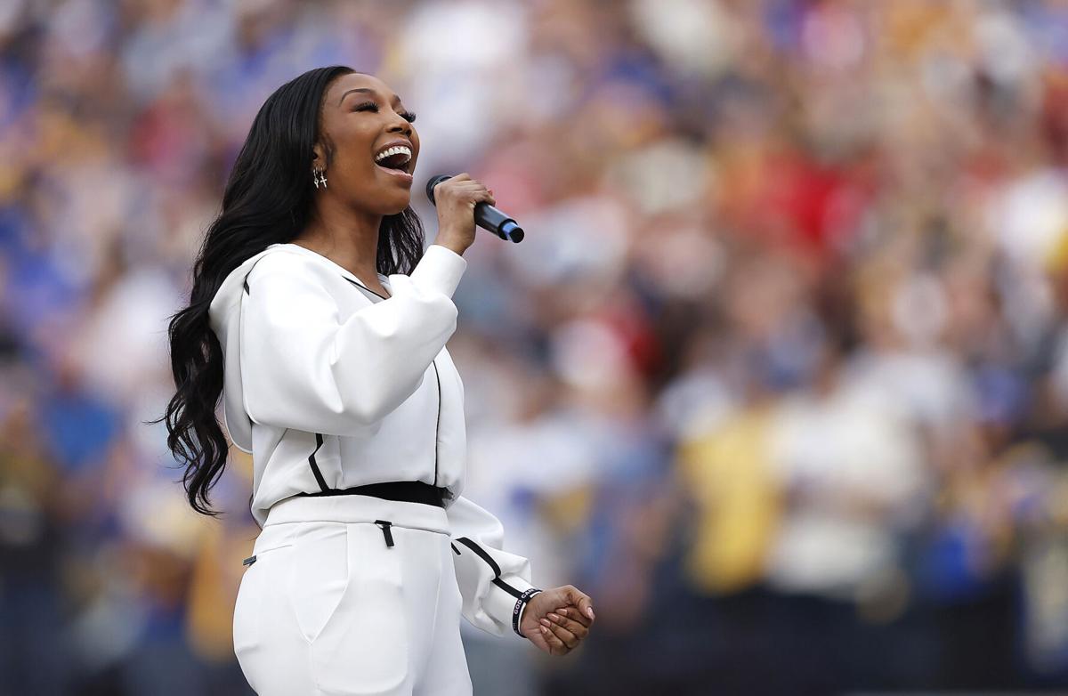 Singer Brandy performs the national anthem before the NFC Championship Game between the Los Angeles Rams and the San Francisco 49 ers at SoFi Stadium on Jan. 30, 2022, in Inglewood, California.