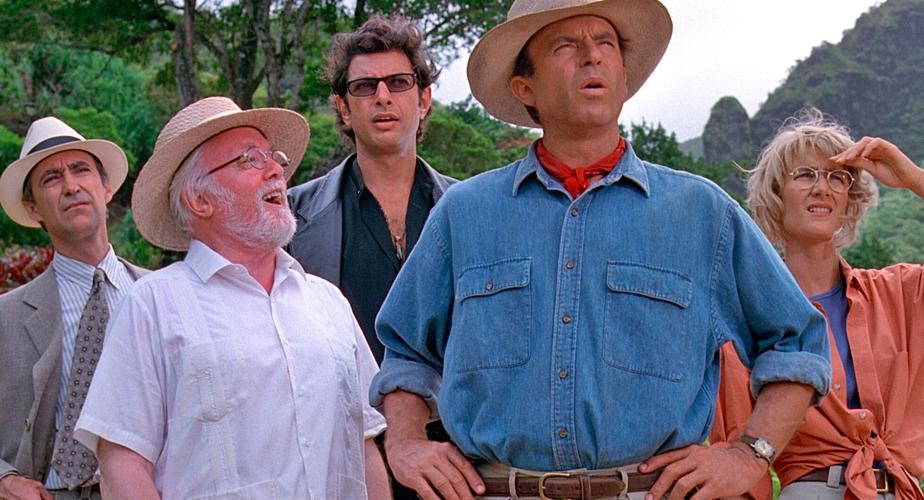 Martin Ferrero, Sir Richard Attenborough, Jeff Goldblum, Sam Neill and Laura Dern in "Jurassic Park."