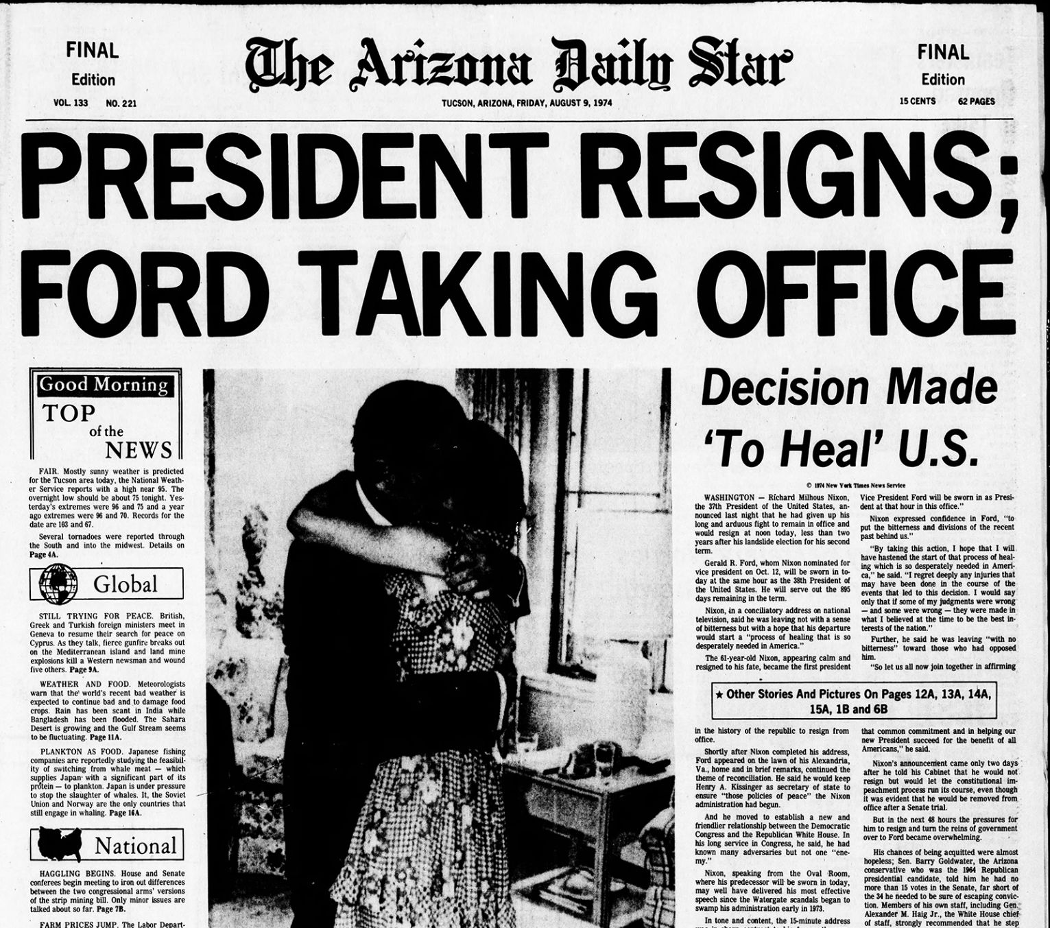 Aug 9 Arizona Daily Star Front Pages Nixon Resigns And Ford Takes Over 
