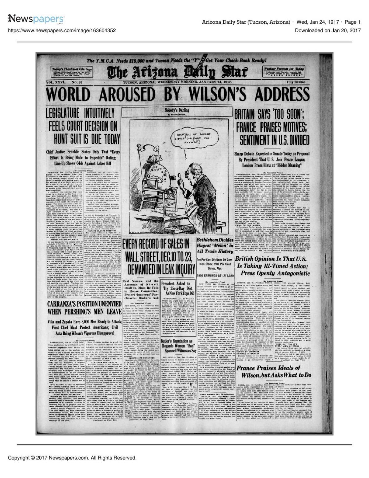 Arizona Daily Star front page Jan. 24, 1917