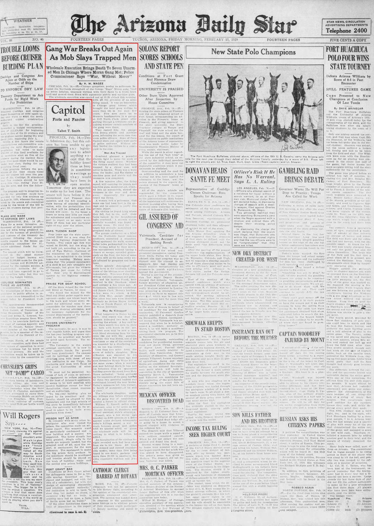 Feb 15 1929 Front Page St Valentine S Day Massacre Tucson Com Feb 15 1929 Front Page St Valentine S Day Massacre Tucson Com