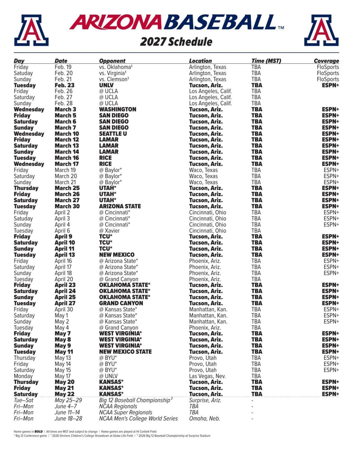 2027 Arizona baseball schedule