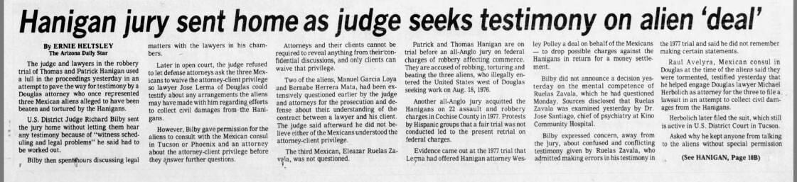 July 9, 1980: Hanigan jury sent home as judge seeks testimony on alien 'deal'