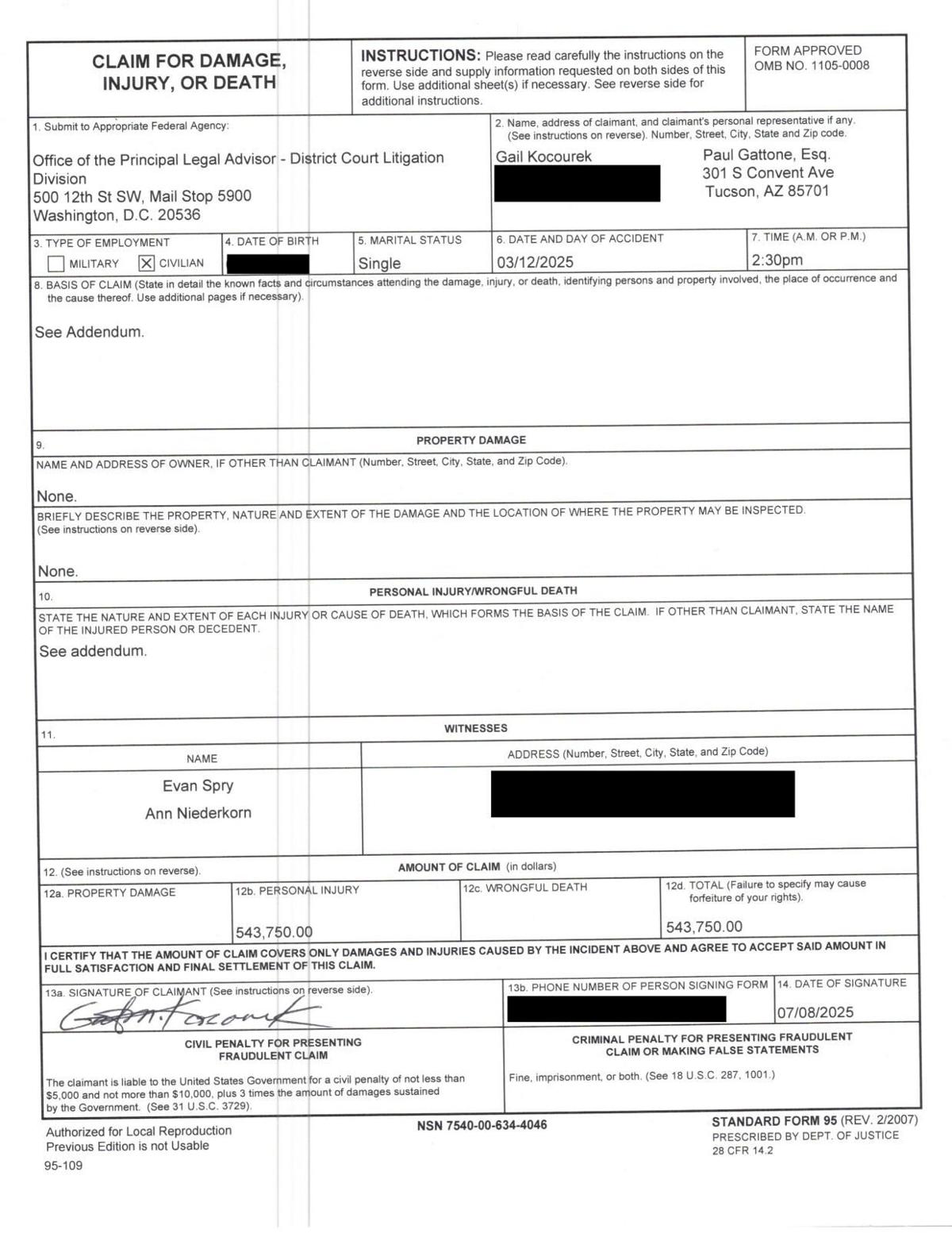 Gail Kocourek tort claim