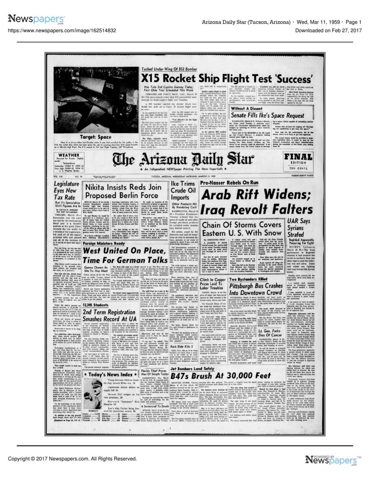 Arizona Daily Star front page March 11, 1959