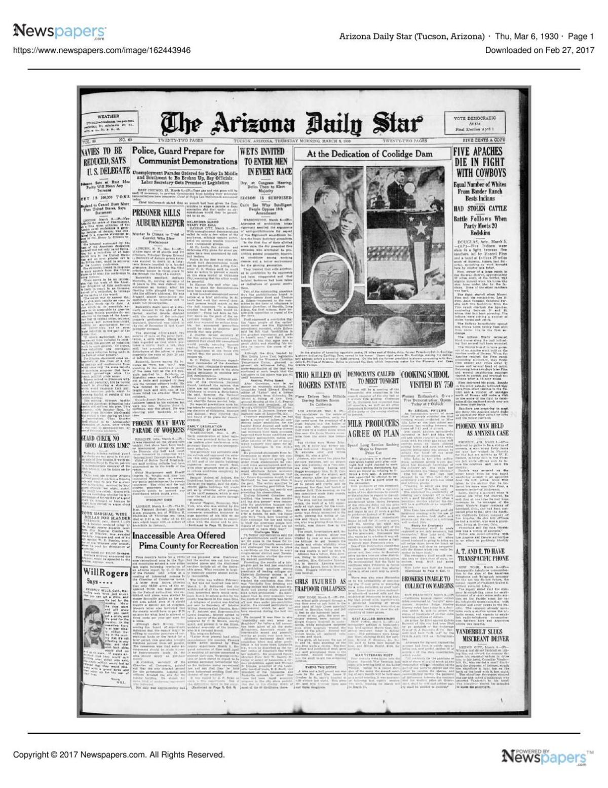 Arizona Daily Star front page March 6, 1930