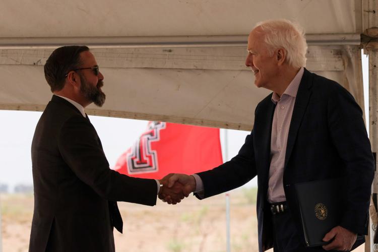 (Left) Texas state Speaker of the House Dustin Burrows, R-Lubbock, shakes hands with U.S. Sen. John Cornyn, R-Texas, at Texas