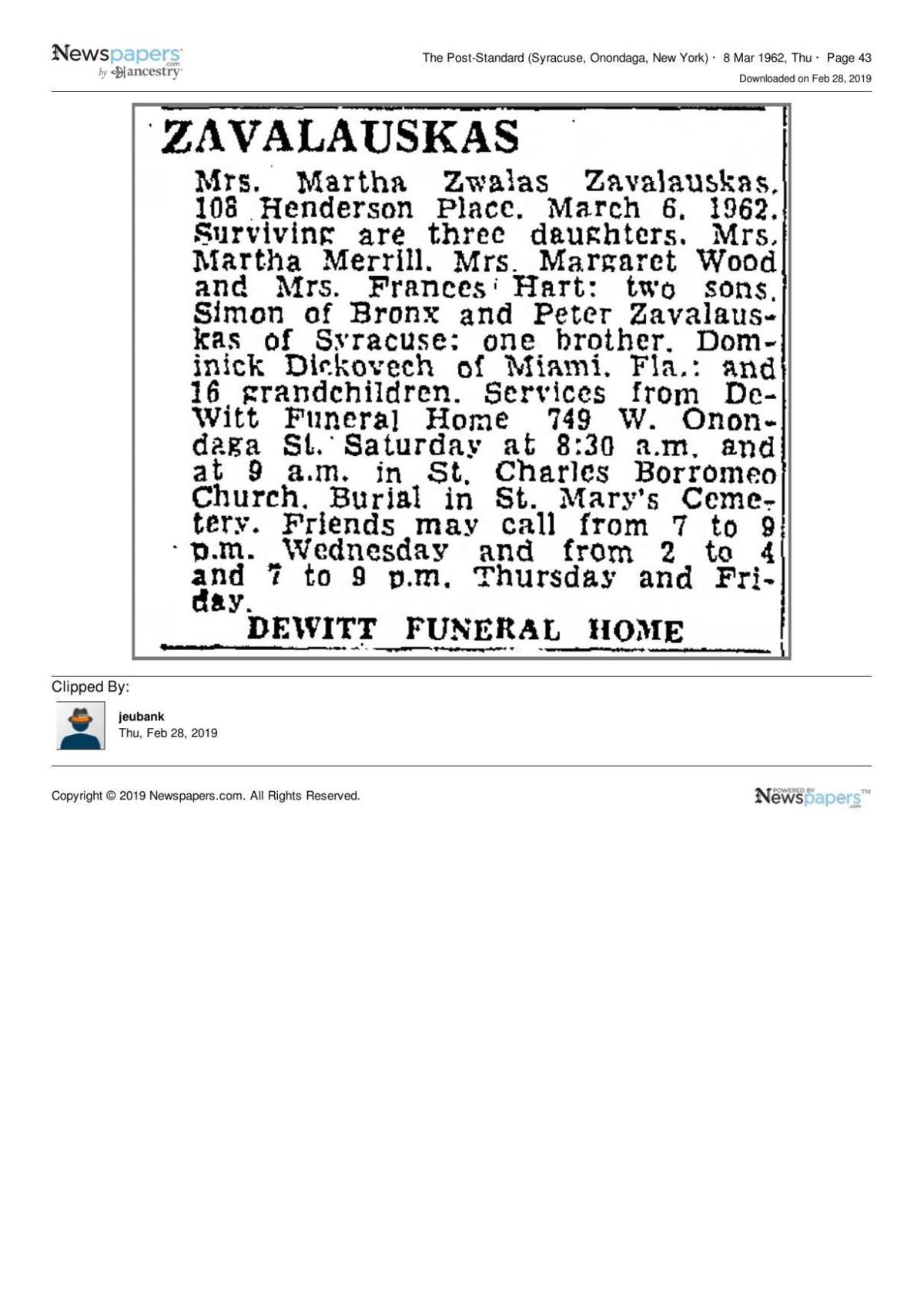 Article in The Post-Standard March 8, 1962