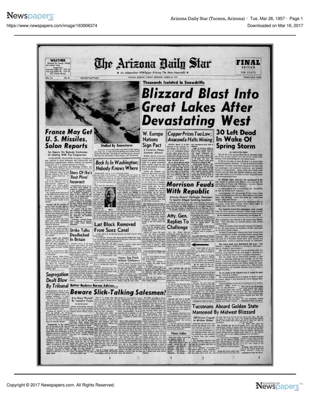 Arizona Daily Star front page March 26, 1957