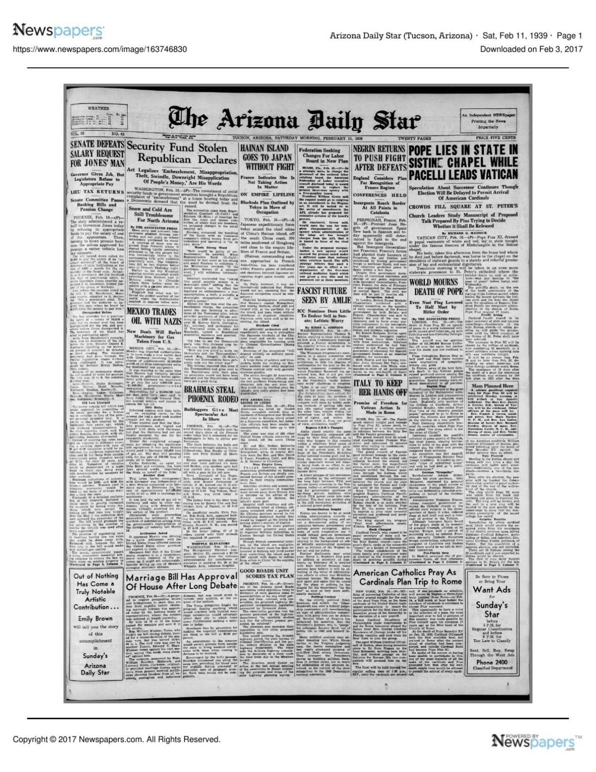 Arizona Daily Star front page Feb. 11, 1939