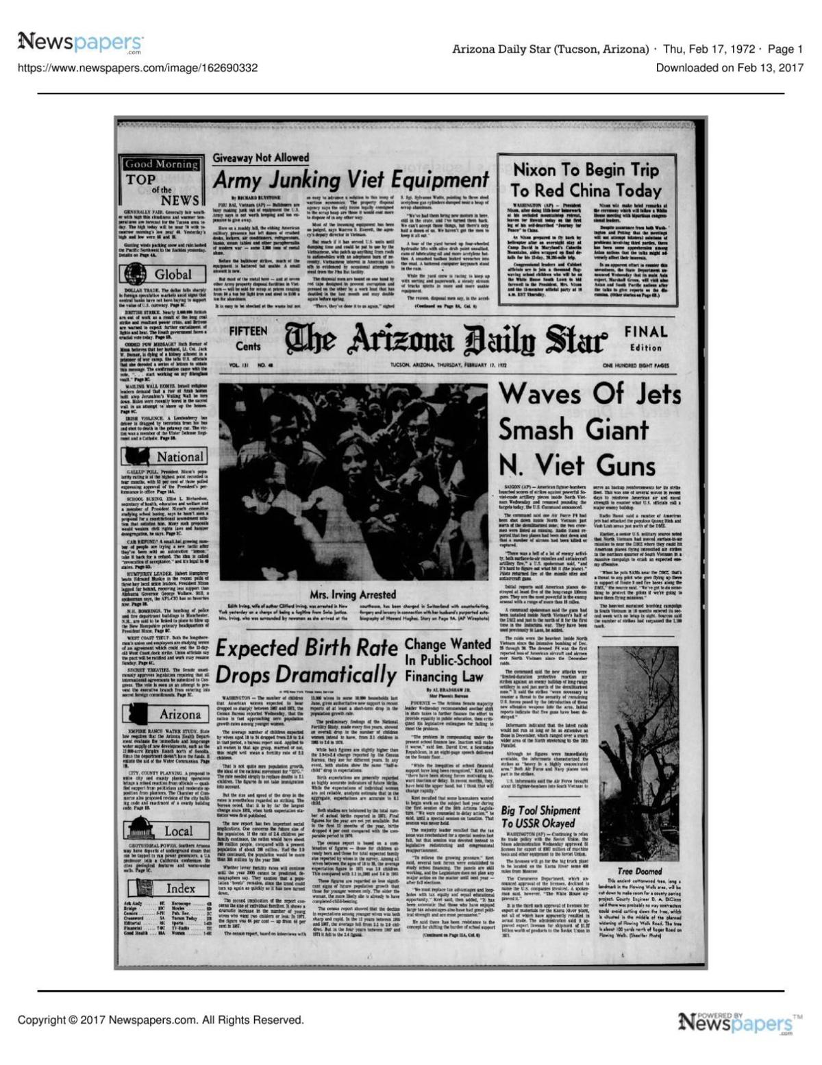 Arizona Daily Star front page Feb. 17, 1972