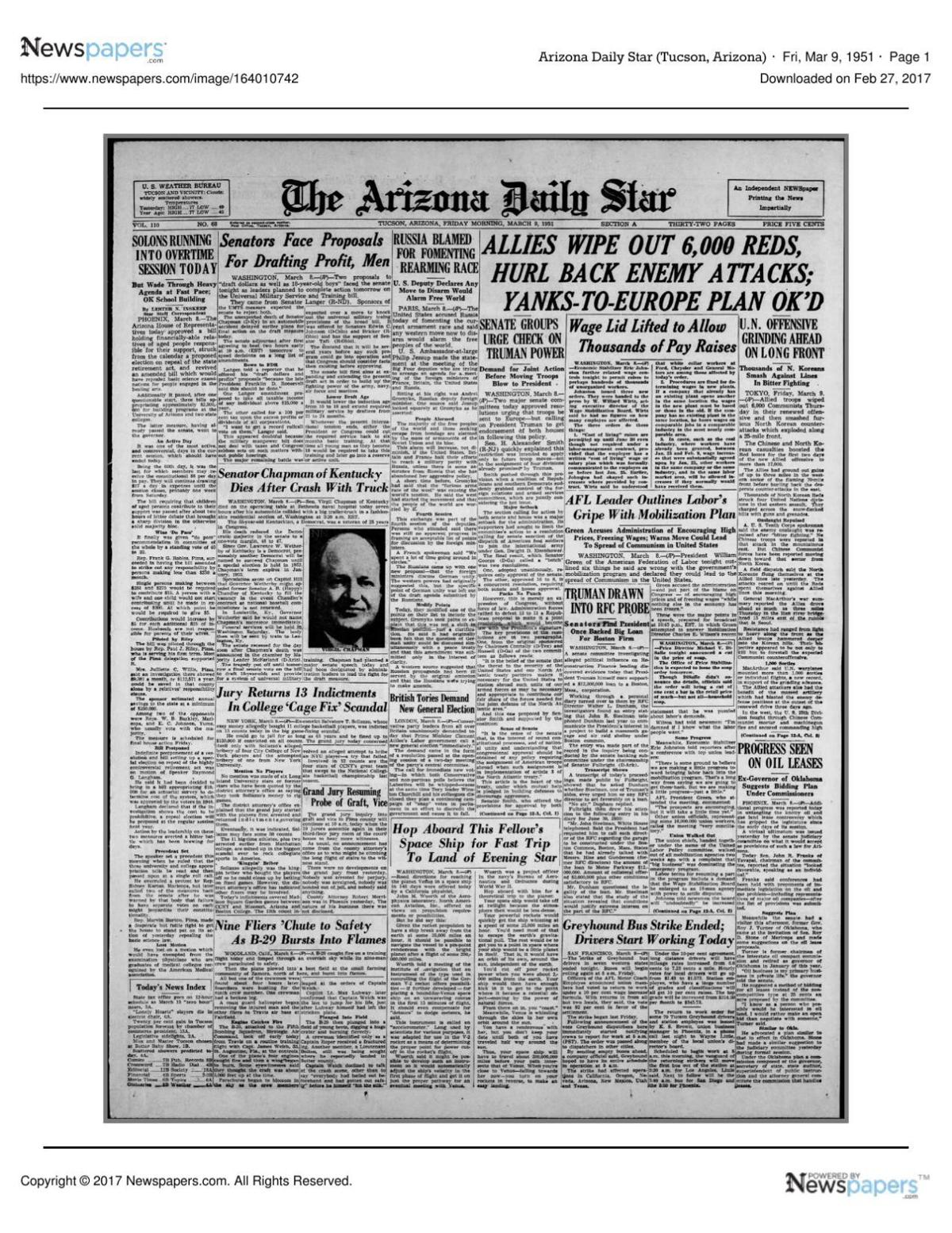 Arizona Daily Star front page March 9, 1951