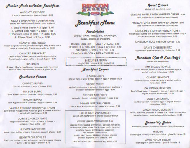 Rincon Market breakfast menu