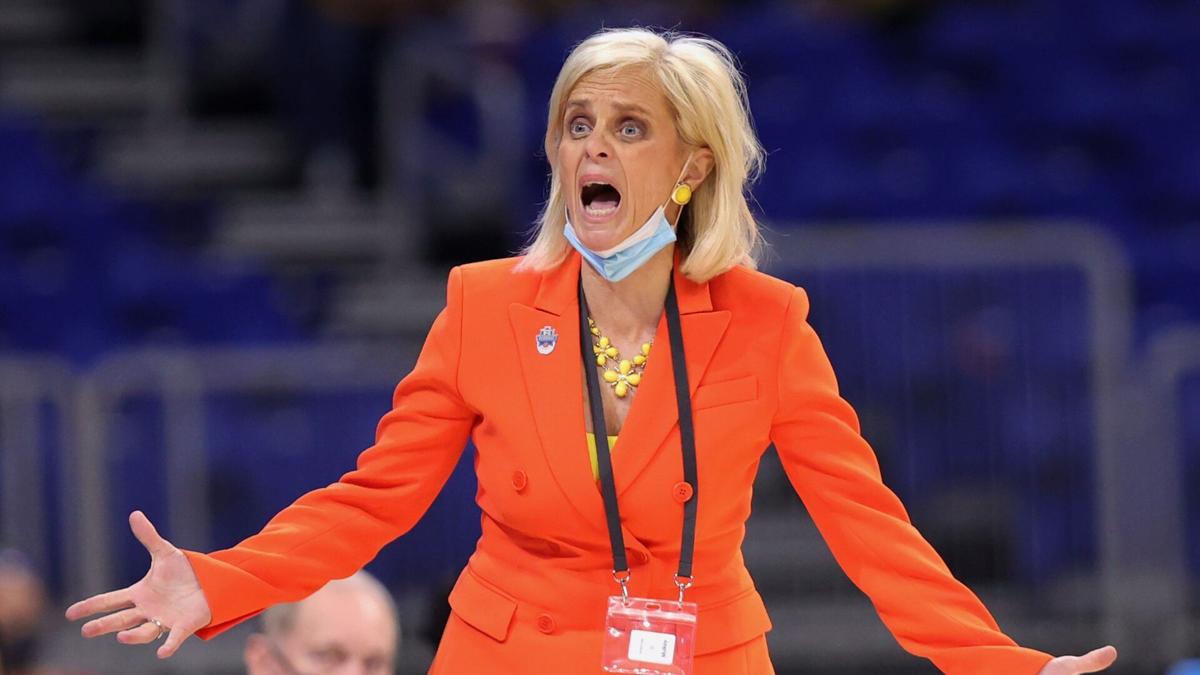 SAN ANTONIO, TEXAS- MARCH 27: Head coach Kim Mulkey of the Baylor Lady Bears reacts during the second half against the Michigan Wolverines in the Sweet Sixteen round of the NCAA Women's Basketball Tournament at the Alamodome on March 27, 2021 in San Antonio, Texas.