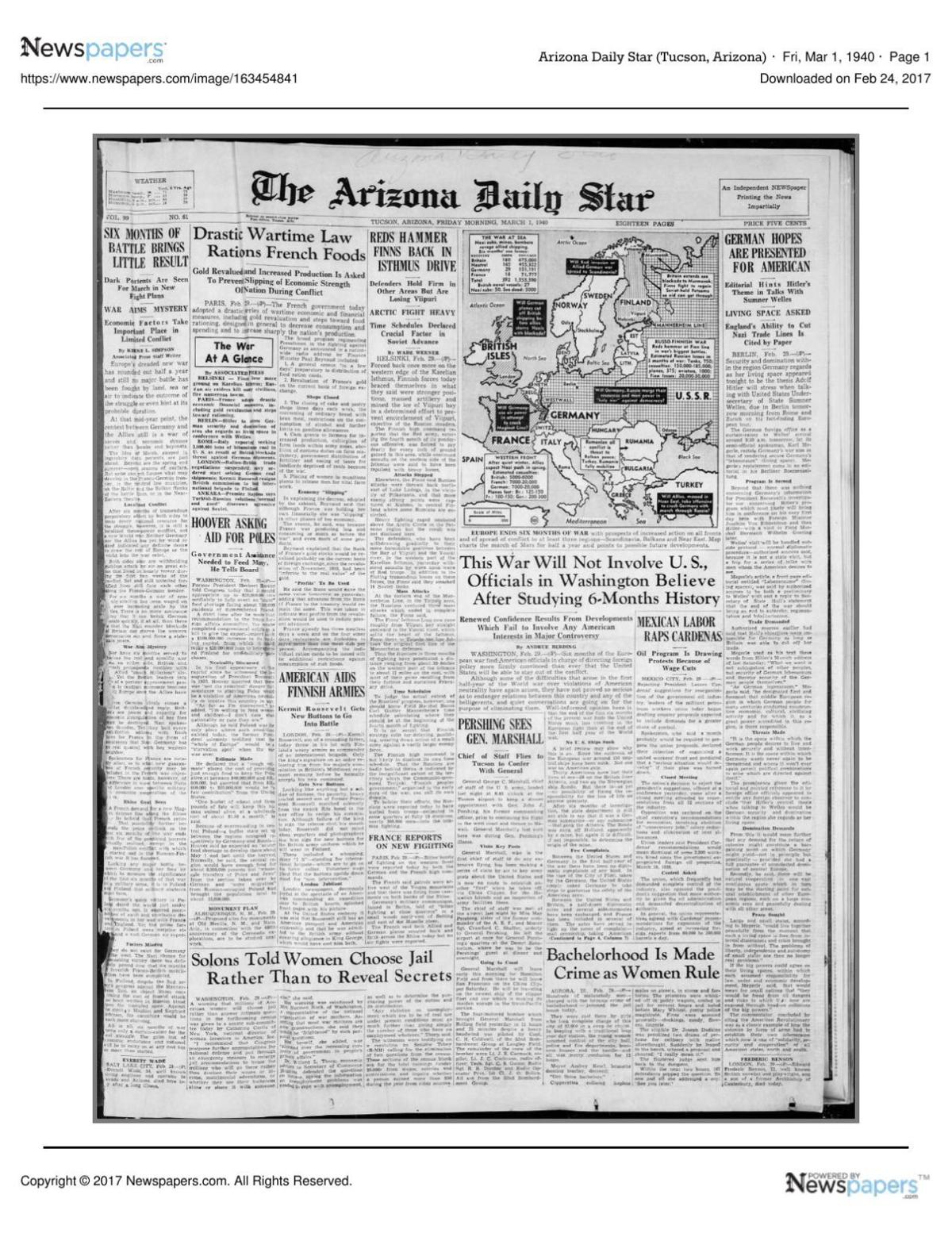 Arizona Daily Star front page March 1, 1940