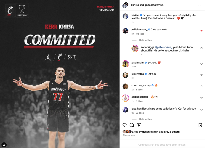 Kerr Kriisa transfers to Cincinnati