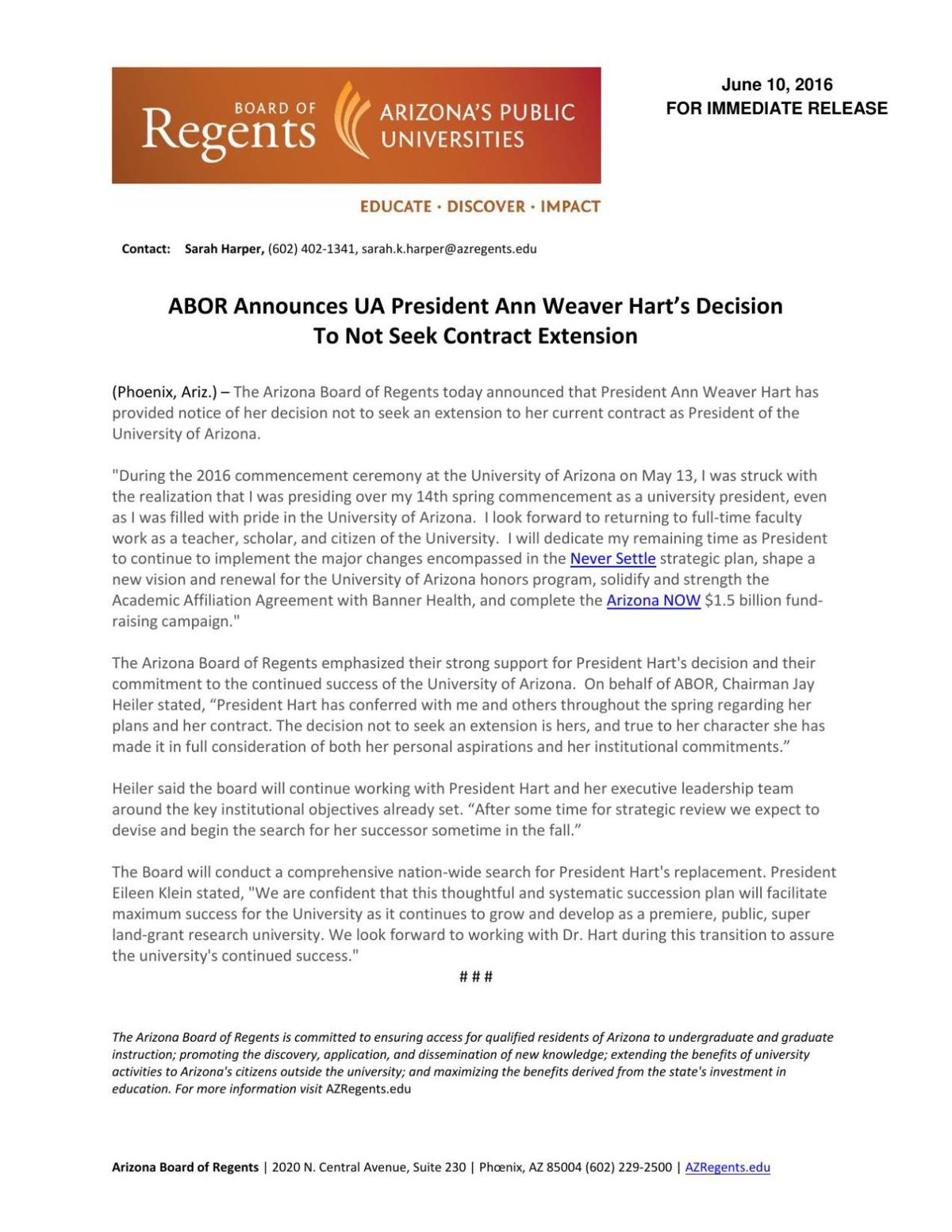 Regents' statement on Ann Weaver Hart