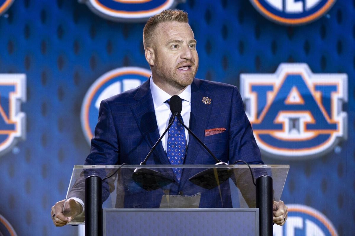 Auburn head coach Alex Golesh speaks at SEC Football Media Day at Tampa Marriott Water Street on Tuesday, July 21, 2026, in Tampa, Florida.