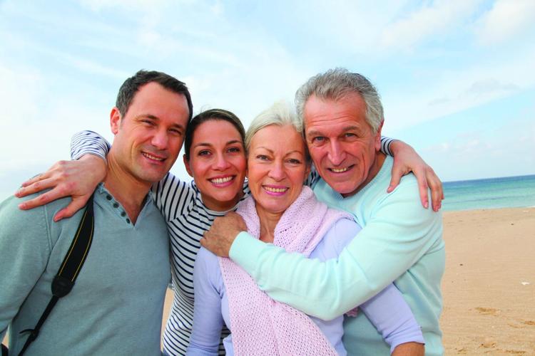 Family on beach.