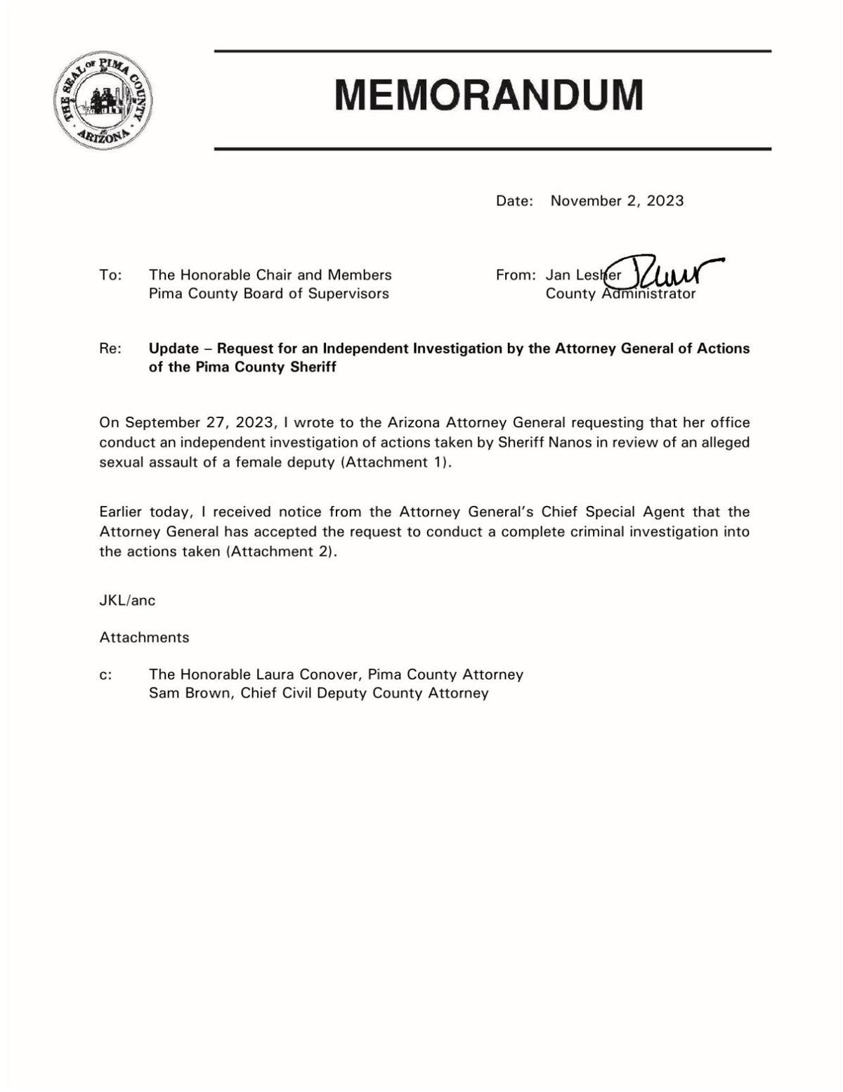 Correspondence of Pima County Board of Supervisors, Arizona Attorney General