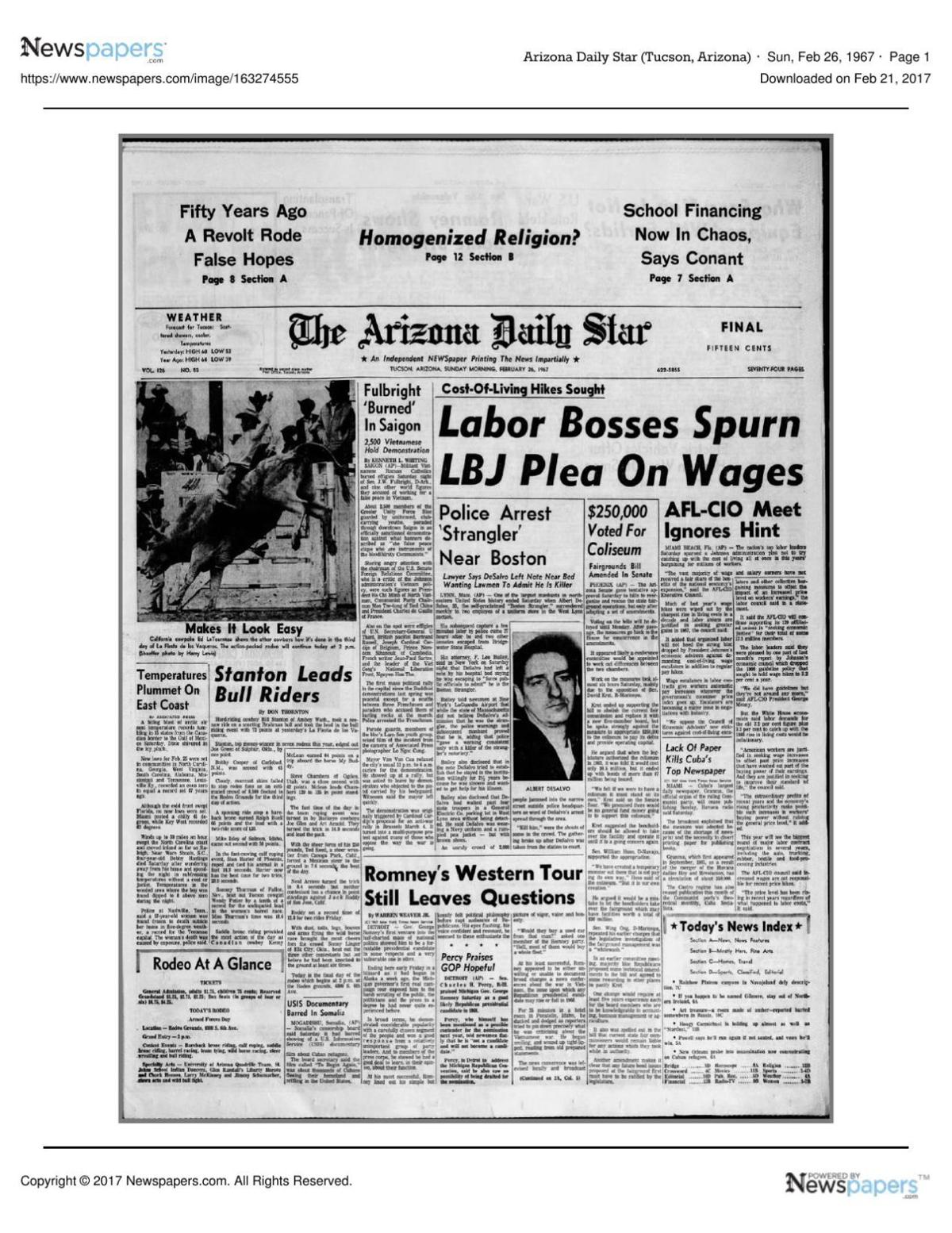 Arizona Daily Star front page Feb. 26, 1967