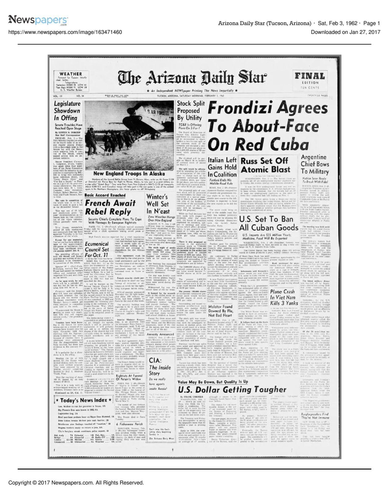 Arizona Daily Star Front Page Feb. 3, 1962