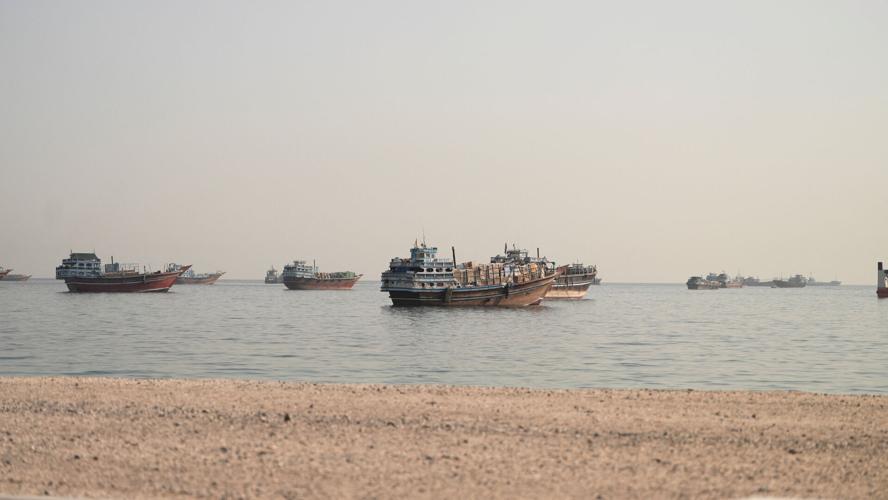 Vessels are anchored in the Strait of Hormuz as seen from Musandam