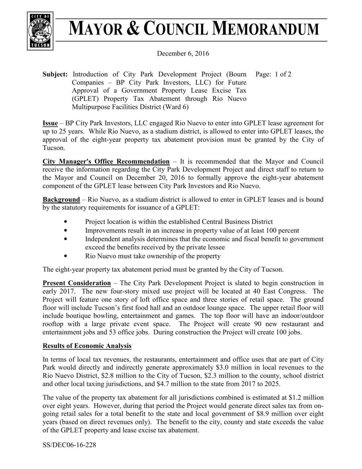 City Park memo, Dec 6, 2016