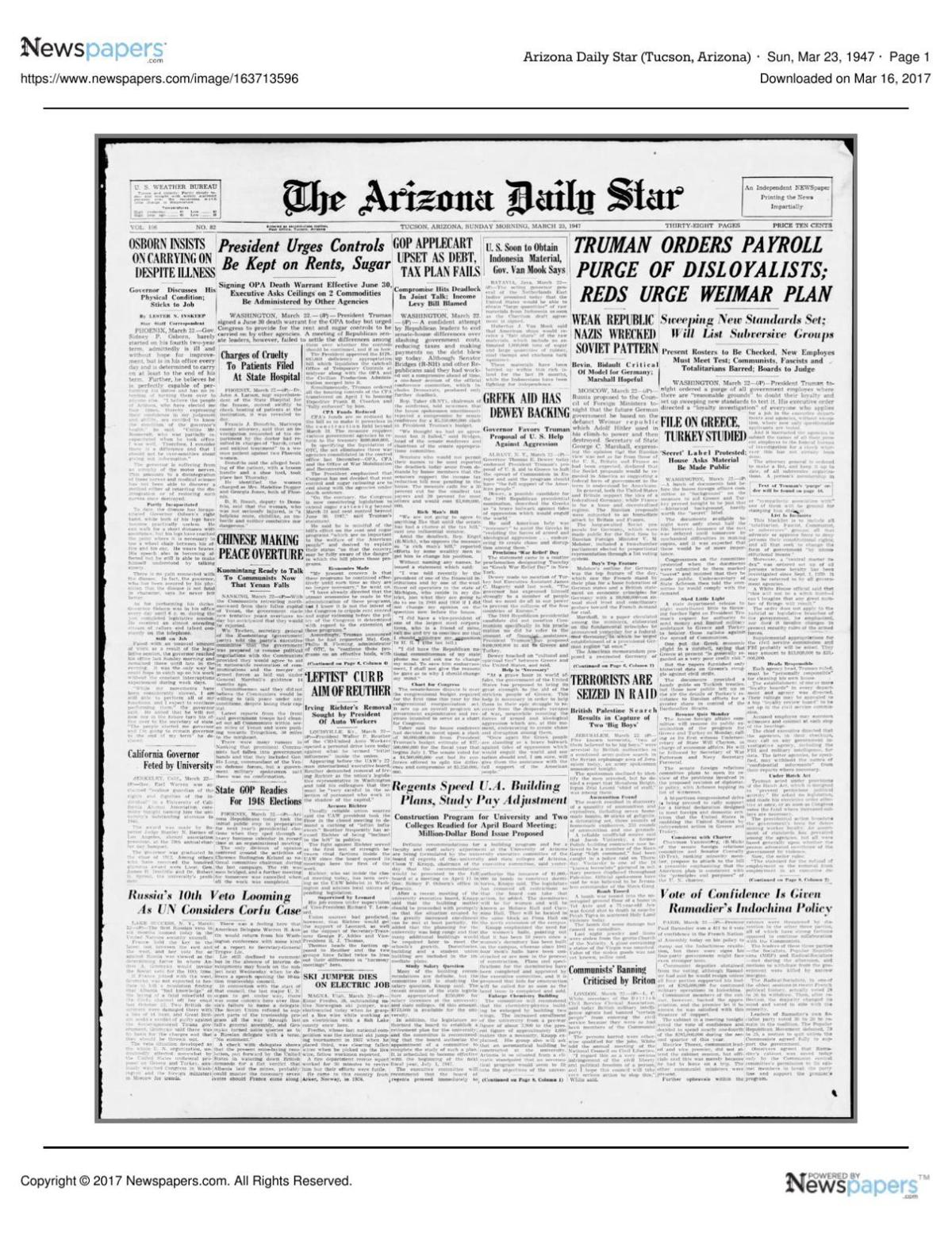 Arizona Daily Star front page March 23, 1947