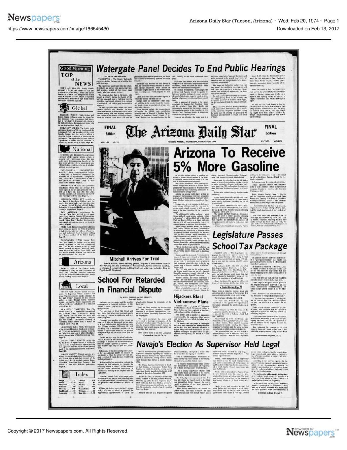 Arizona Daily Star front page Feb. 20, 1974