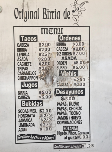 El Chivo de Oro menu
