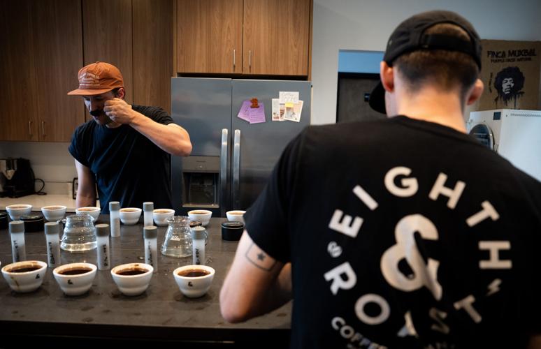 Ty Telgenhof and Max Oden, evaluate and taste the different coffee roasts to make sure theyÕre up to standard inside 8th and Roast CoffeeÕs training lab and roasting facility, in Nashville, Tenn., on Tuesday, May 19, 2026.