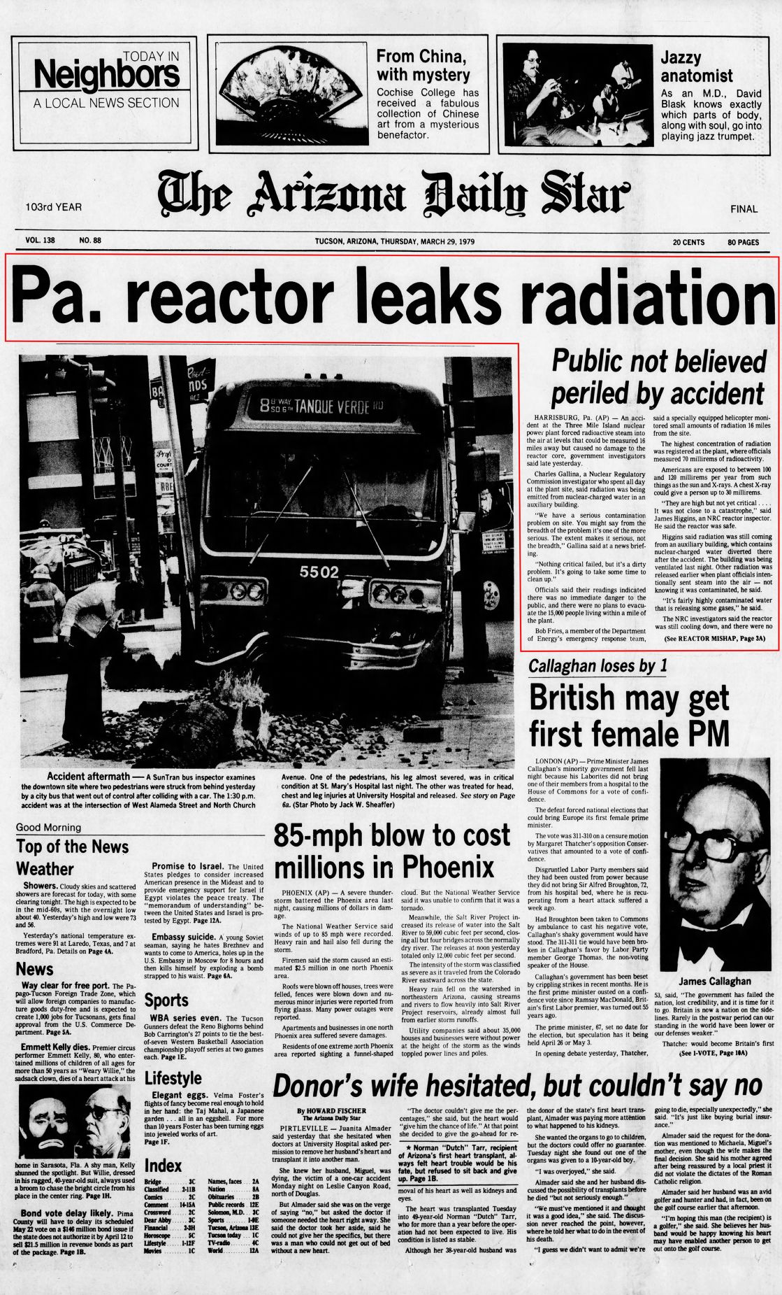 Thursday, March 29, 1979, front page: Radiation leak at Three Mile Island