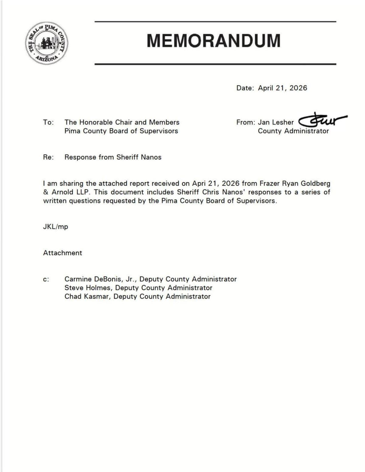 Sheriff Nanos response to Board of Supervisors