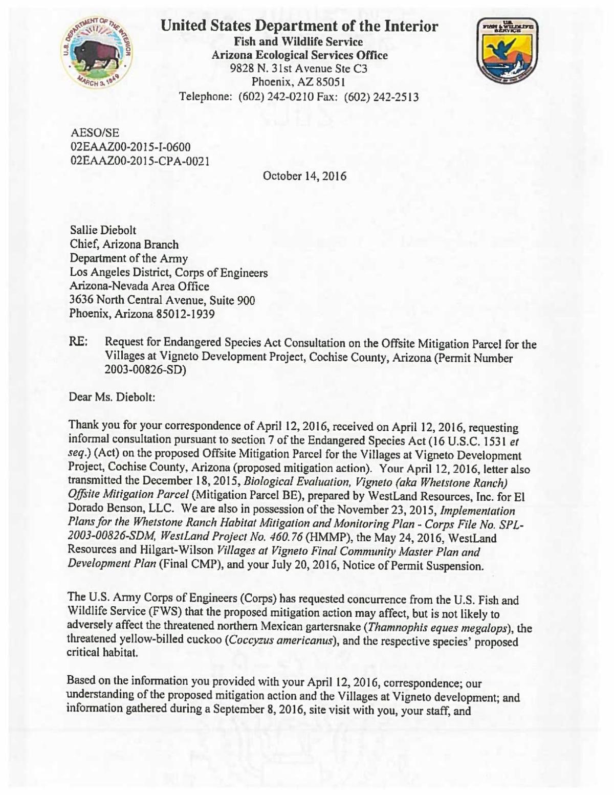 Wildlife service letter to Army Corps