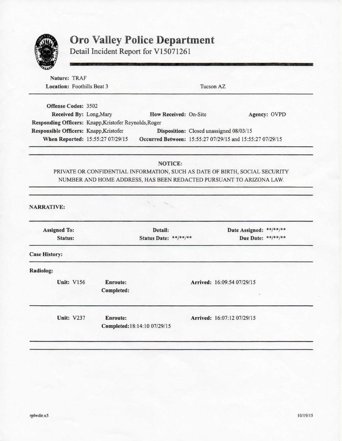 Police reports from Oro Valley and Pima County