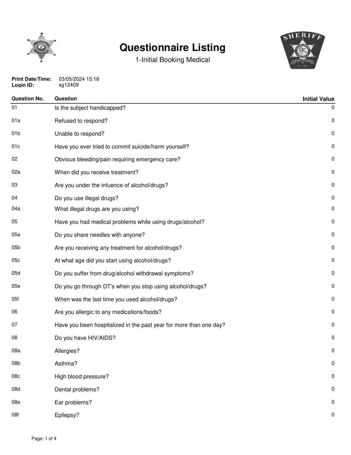 Sangamon County Initial Medical Questionnaire