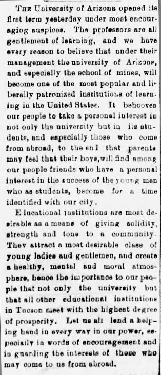 Arizona Daily Star article Oct. 6, 1891, first term