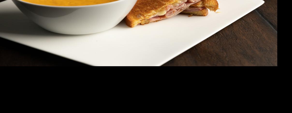 Toasted Ham and Gruyere with Spicy Sweet Potato Bisque: The ultimate soup and sandwich combo