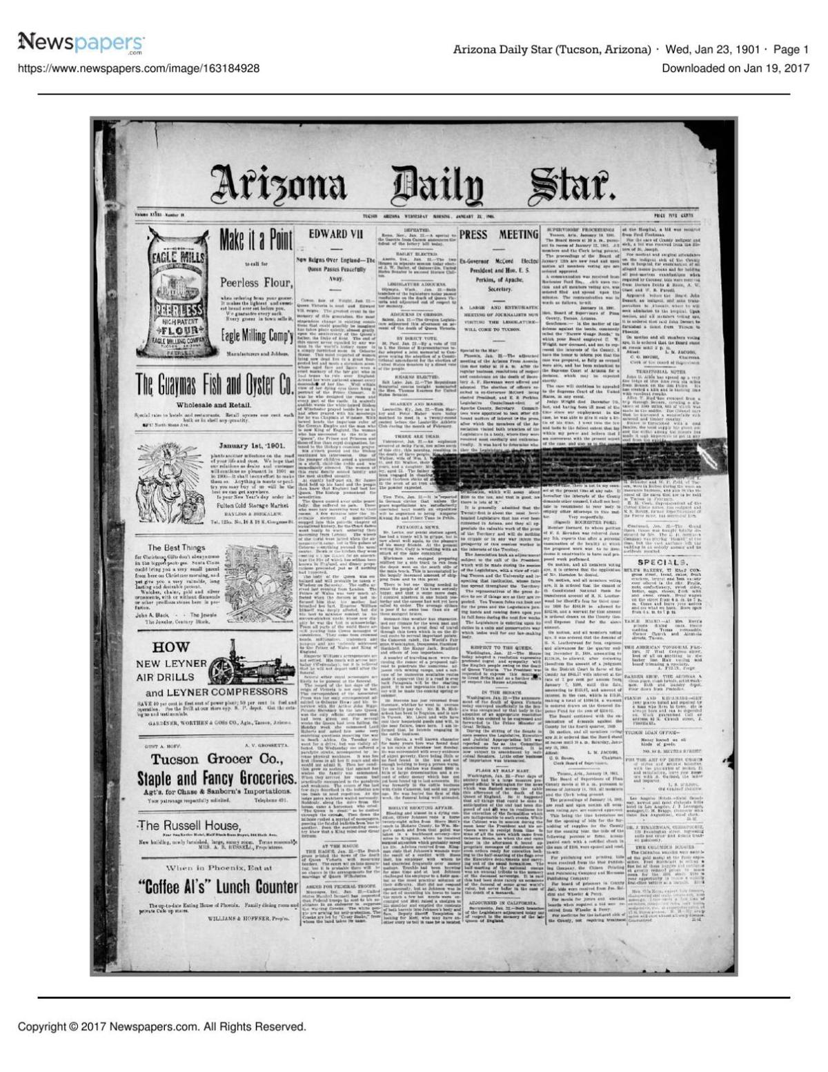 Arizona Daily Star front page Jan. 23, 1901