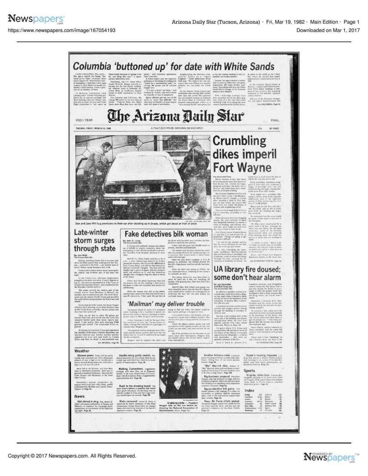 Arizona Daily Star front page March 19, 1982