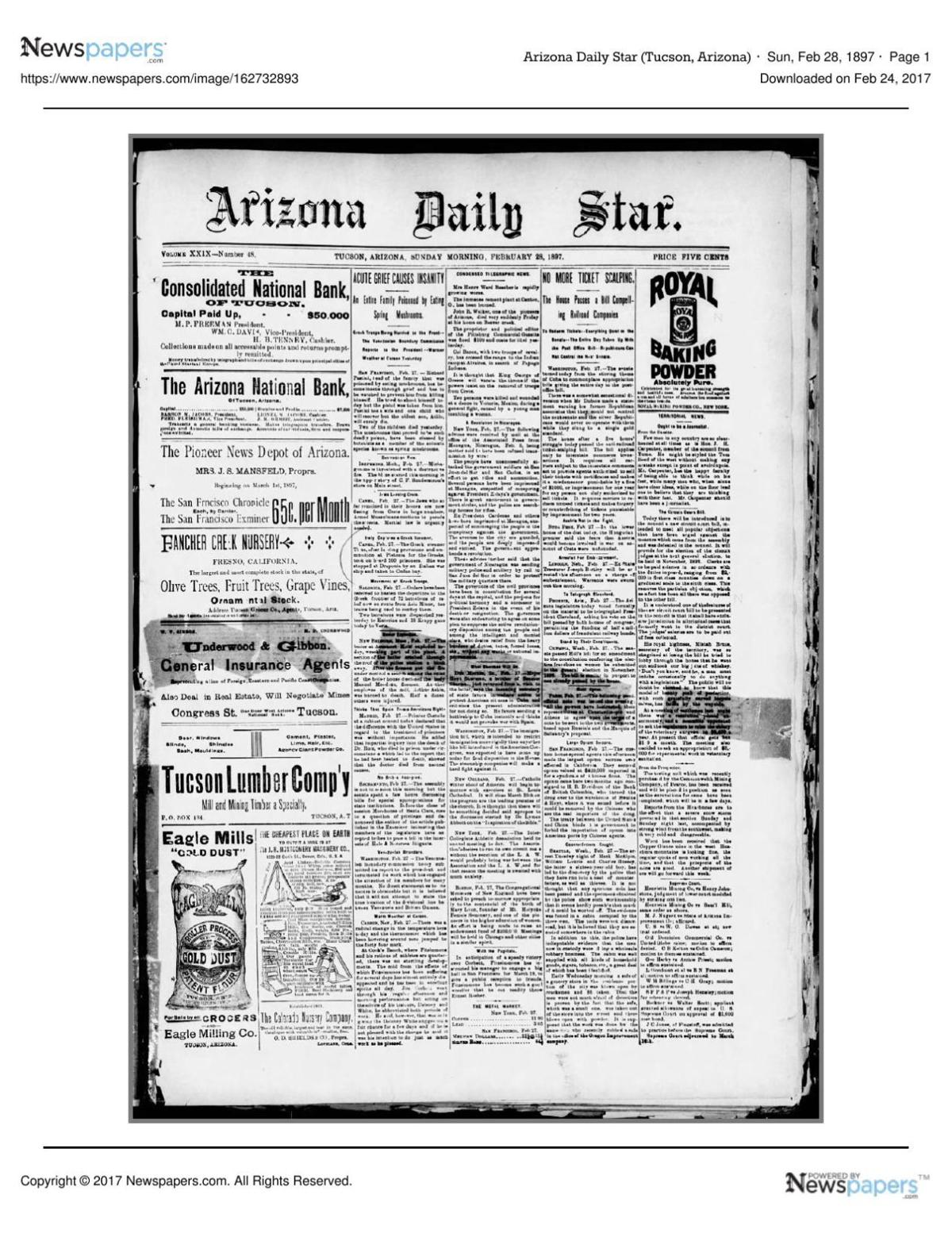 Arizona Daily Star front page Feb. 28, 1897