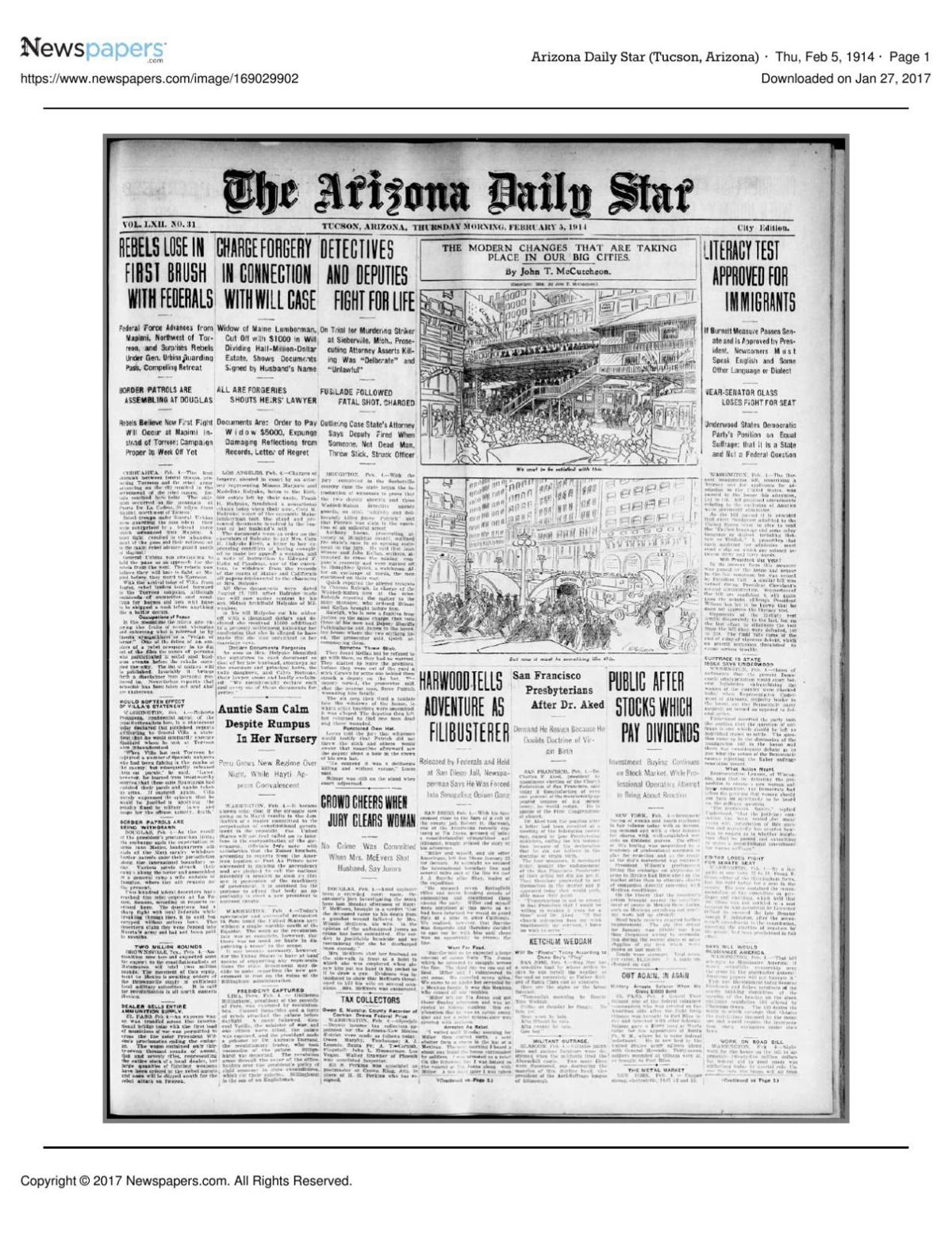 Arizona Daily Star front page Feb. 5, 1914