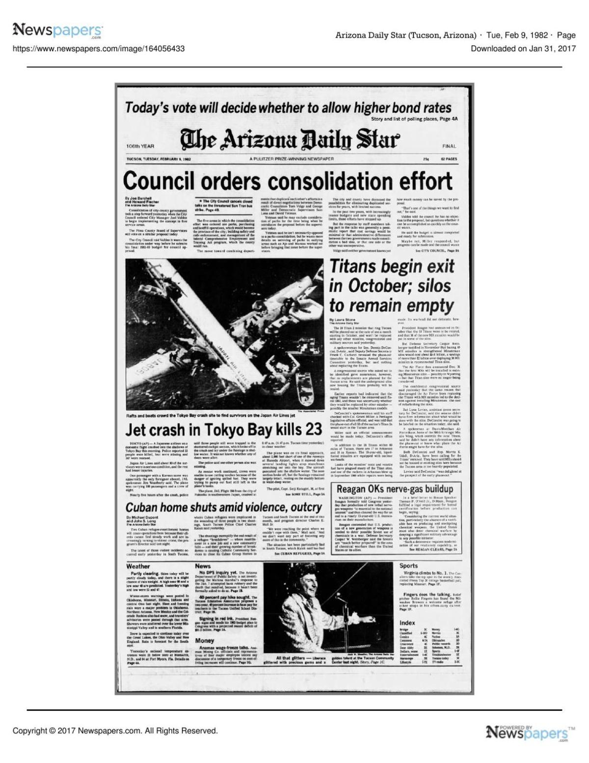 Arizona Daily Star front page Feb. 9, 1982